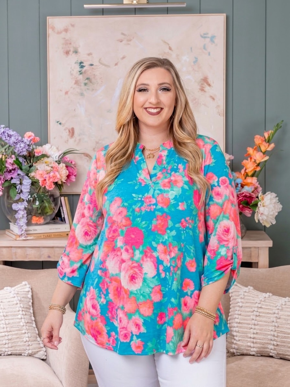 Dear Scarlett Lizzy Wrinkle Free 3/4 Sleeve Tunic Top Bright Floral Roses 3X